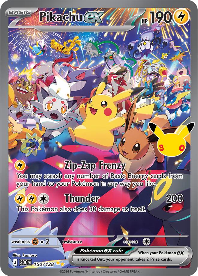 Pikachu ex kaart uit Pokémon 30th Celebration