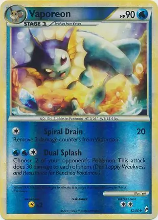 Vaporeon Reverse Holo, Call of Legends #52 Pokémon card
